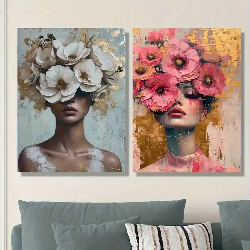 Gold Petals Silhouette Lady Portrait With Glitter Pink Flowers On Her Head, Interior Home Decor Wall Art,No Frame