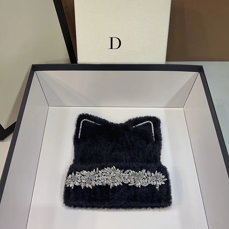 New Women Cute Cat Ear Earflap Winter Hat Fashion Water Diamonds Faux Fur Knitted Hat Kpop Style Soft Beanie Hats Female