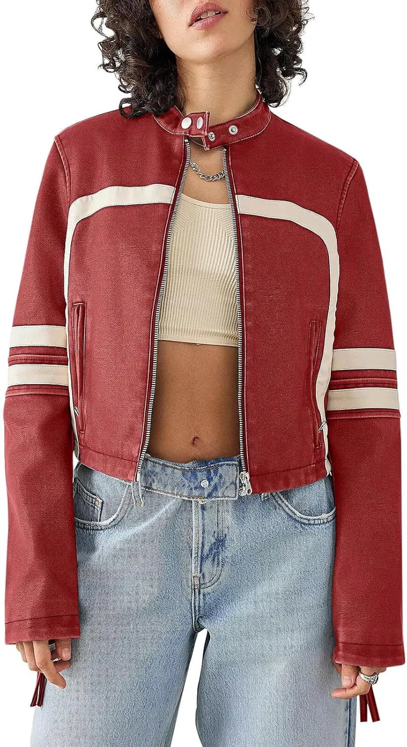 Giacca corta da donna in pelle corta a contrasto chic Moda girocollo manica intera tasca con cerniera giacche corte 2026 Cappotto da pendolarismo quotidiano da donna