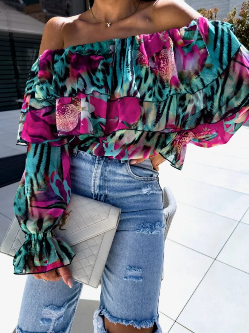 Blusa de Mujer con Hombros Descubiertos, Estampado Floral, Volantes en Capas y Mangas Largas con Volantes para Fiestas de Verano - Image 4
