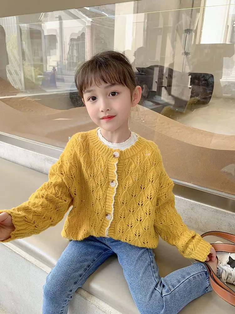 

Girls Sweater Coat Spring and Autumn Clothing 2022 New Little Girl Fashionable Hollow Small and Medium Children's Knit Cardigan