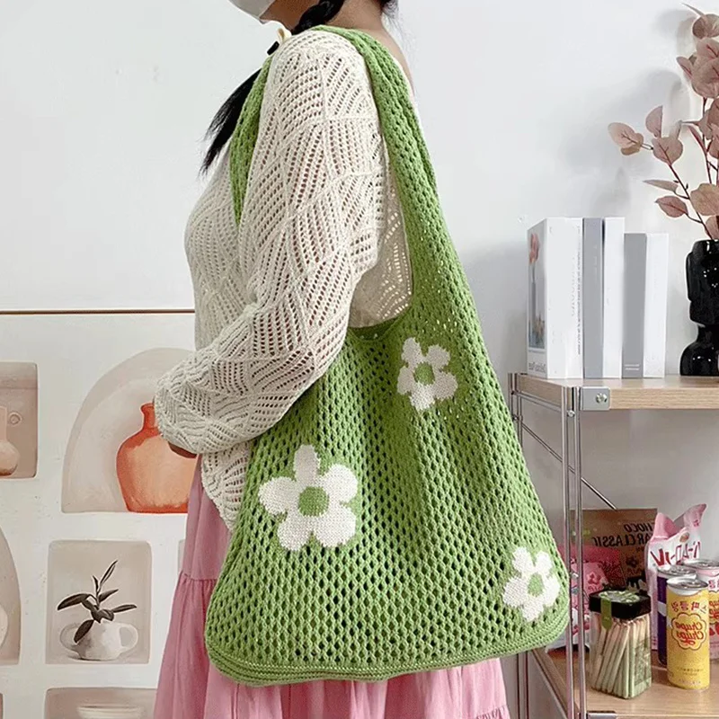 

Women's Large Capacity Knitted Tote Bag Fashion Sweet Flower Design Retro Shoulder Handbag Simple Stylish Hollow out Detail