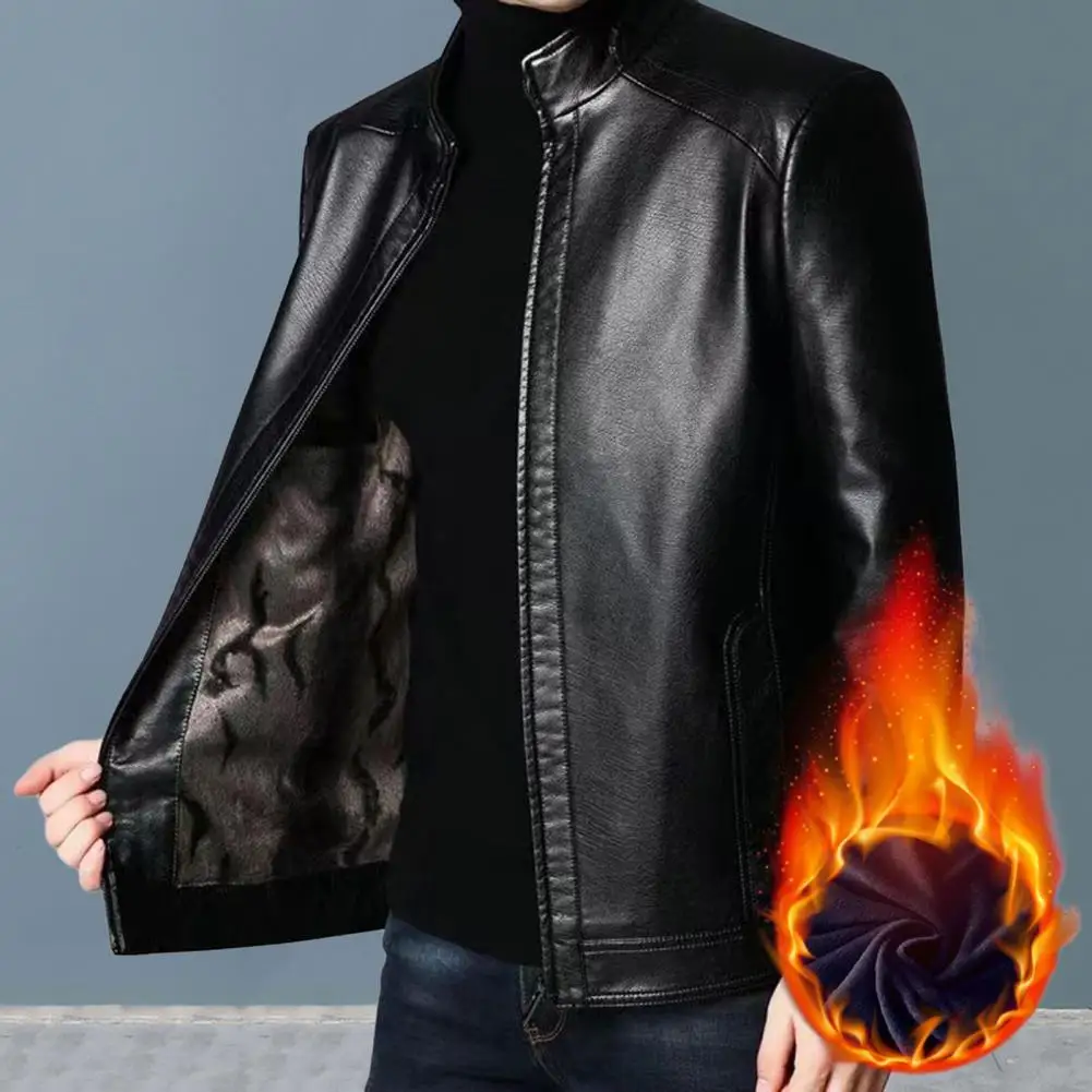 

Mens Coat with Pockets Windproof Mid-aged Men's Faux Leather Jacket with Plush Heat Retention Stand Collar Zipper Closure