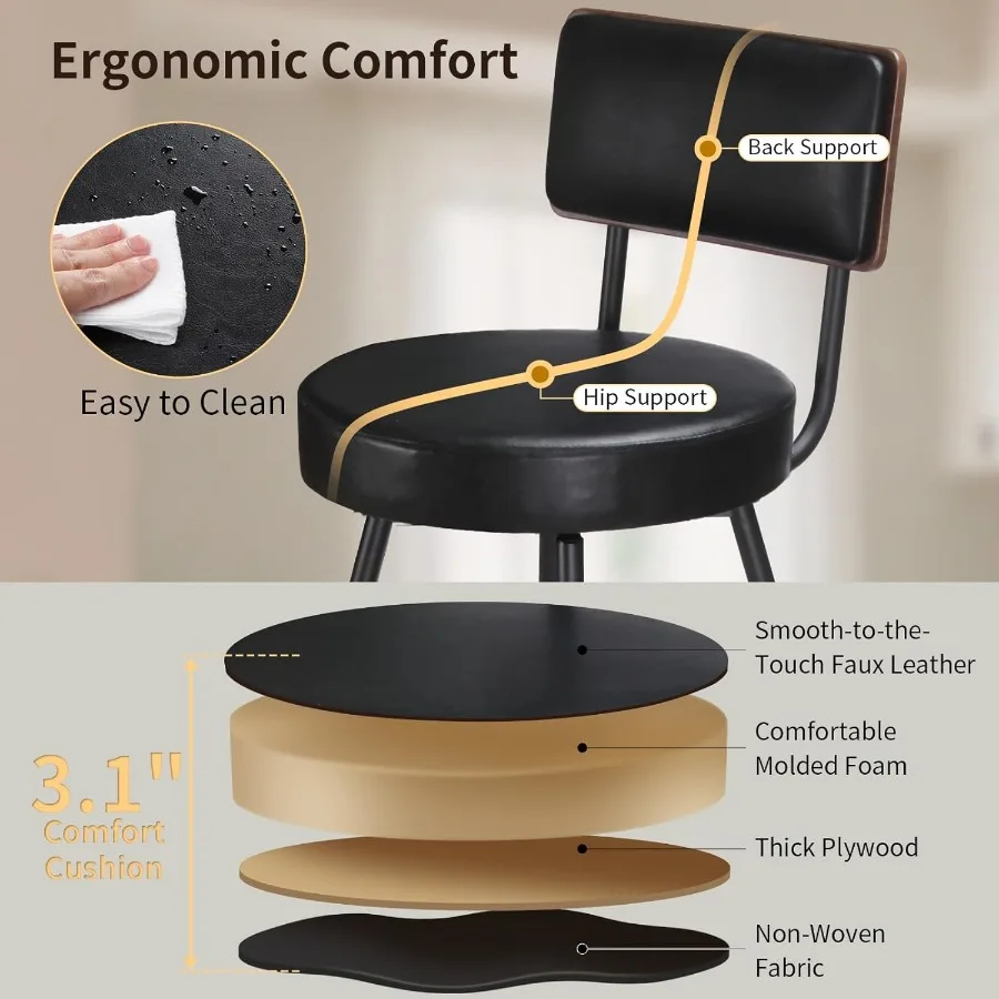 Counter Height Bar Stools Set of 2 25 Inch Swivel Bar Stools with Back Black for Kitchen Island Comfortable Backrest Durable De