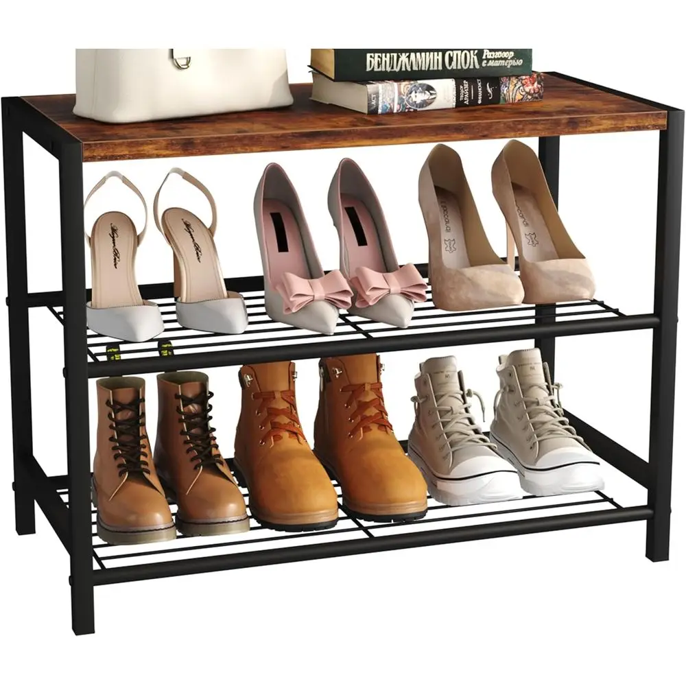 

Yusong Shoe Rack Organizer, 3 Tier Industrial Shoe Storage Shel or Closet Entryway, Narrow Sturdy Metal Shoe Shelves, Rustic Bro