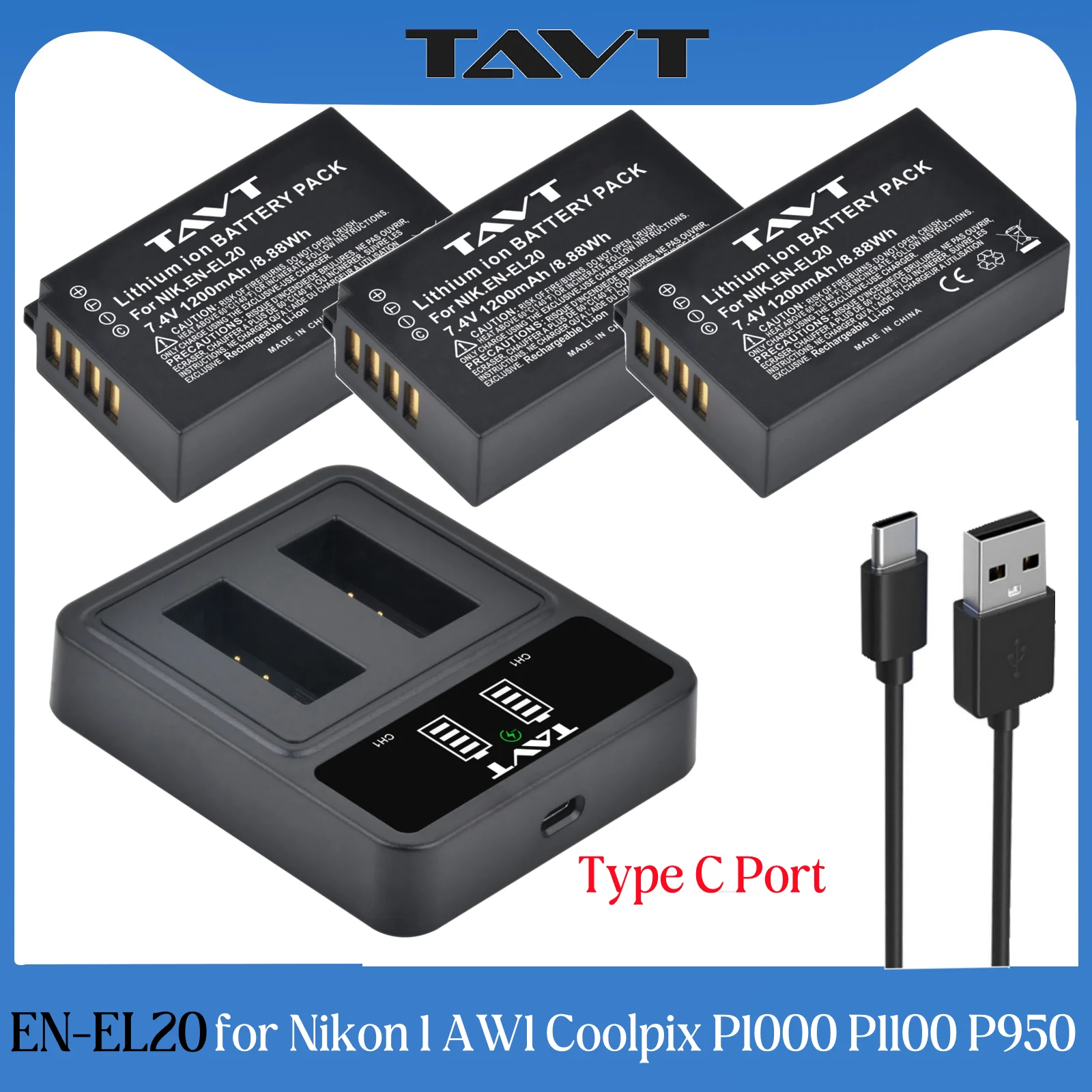 TAVT EN-EL20 EL20 EN EL20A Battery+PD20W Rapid Dual Charger for Nikon Coolpix P1000 P950,1 J1,1 J2,1 J3,for Nikon 1 S1,1 V3,AW1