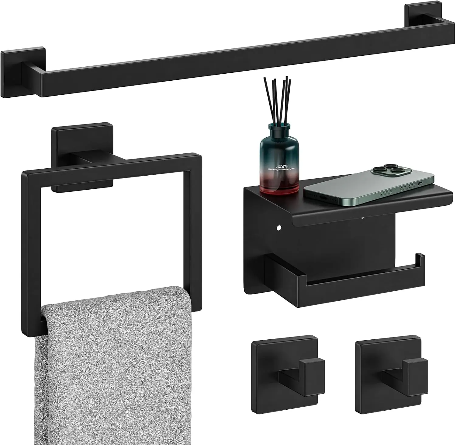 

5-Piece Matte Black Bathroom Hardware Set, 24 Inch Towel Bar with SUS304 Stainless Steel, Wall Mounted Towel Rack Set for Modern
