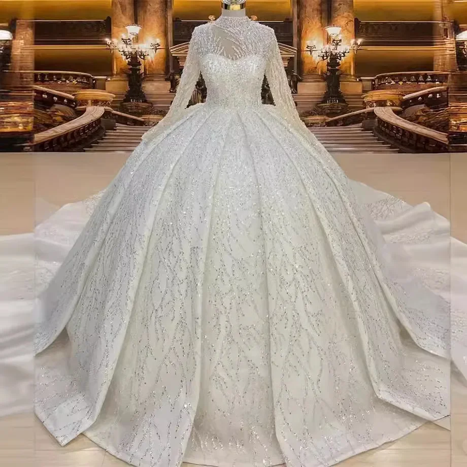 S0856R novo estilo vestido de casamento com contas bordadas pesadas renda elegante mangas compridas fofo princesa arrastando vestido de casamento