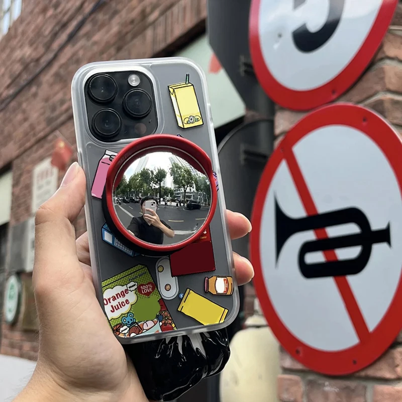 Niedlicher Weitwinkelobjektiv-Spiegel und Telefonständer, kreativer Luftkissen-Handygriff mit tragbarem Spiegel, 2-in-1-Dekorzubehör