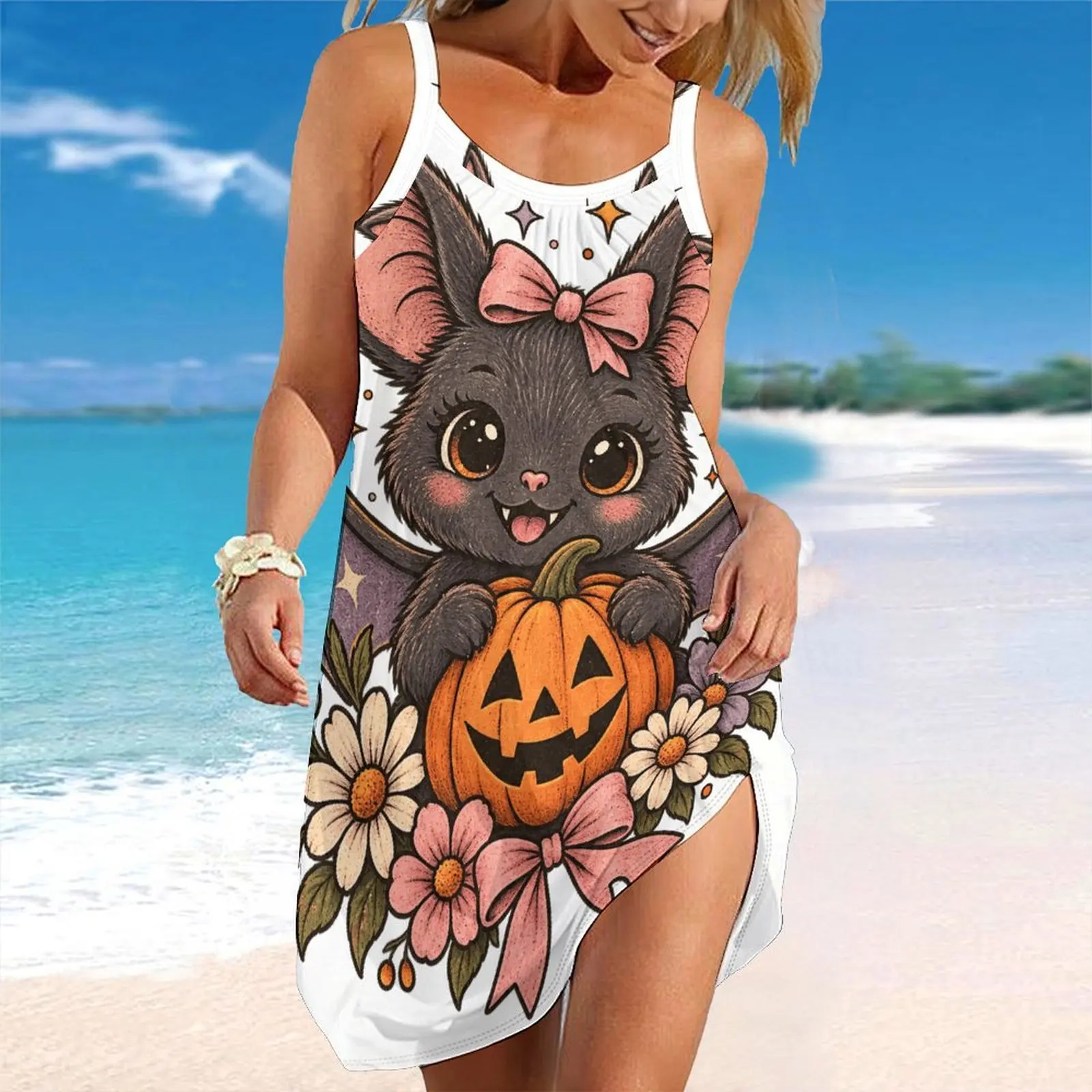 Women Spaghetti Strap Beach Dress V Neck Pleated Loose Mini Dress Custom Print Ladies Vacation Cover Up Dress