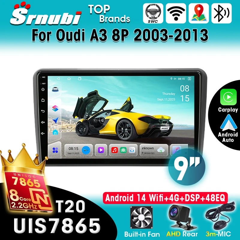 Pour Audi A3 8P 2003-2013 Android 14 Carplay Auto 2Din Autoradio 4G DSP Caméra AHD GPS BT WIFI Commande vocale RDS FM Audio