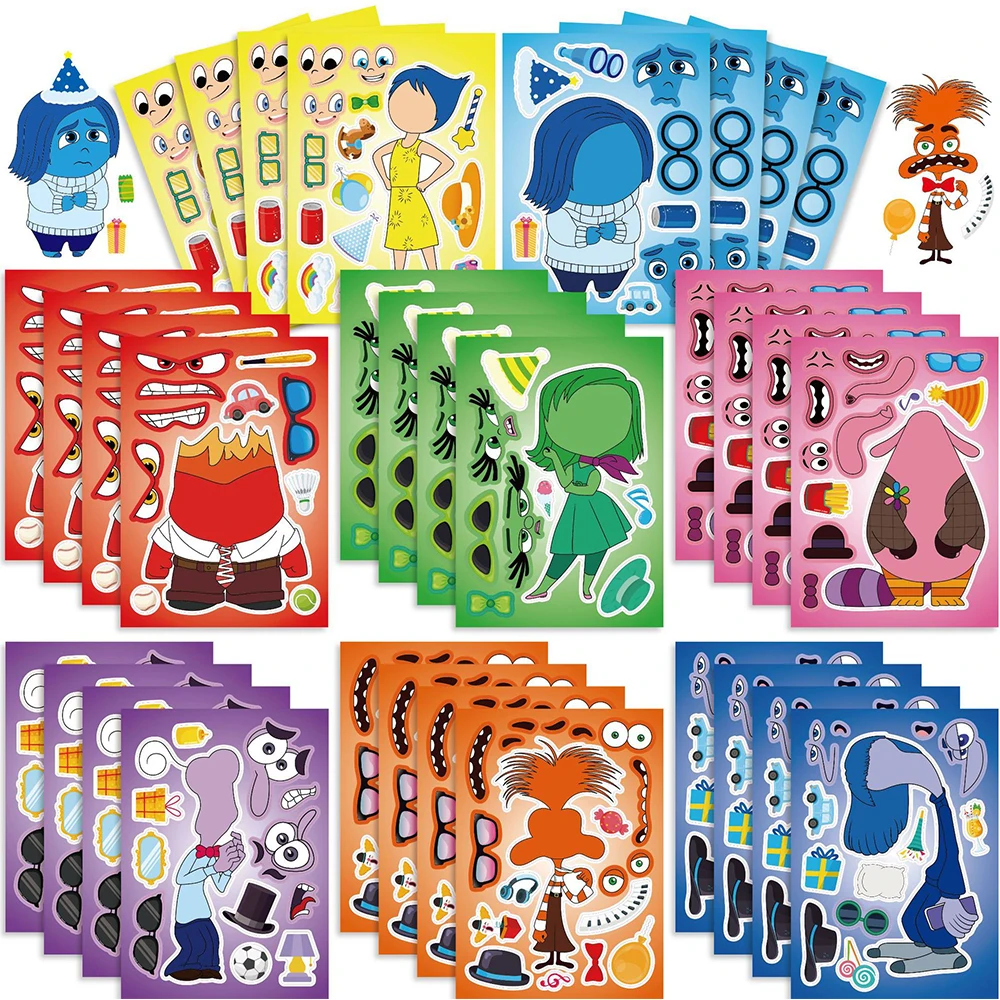 

8/16Sheets Disney Inside Out Make a Face Puzzle Stickers Cartoon Create your own Joy Sadness Assemble Jigsaw Games Kids DIY Toy