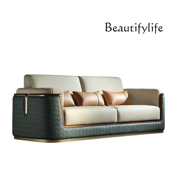 

Light Luxury New Chinese Style Ugyen Wood Leather Sofa Modern Oriental Aesthetic New National Fashion Furniture