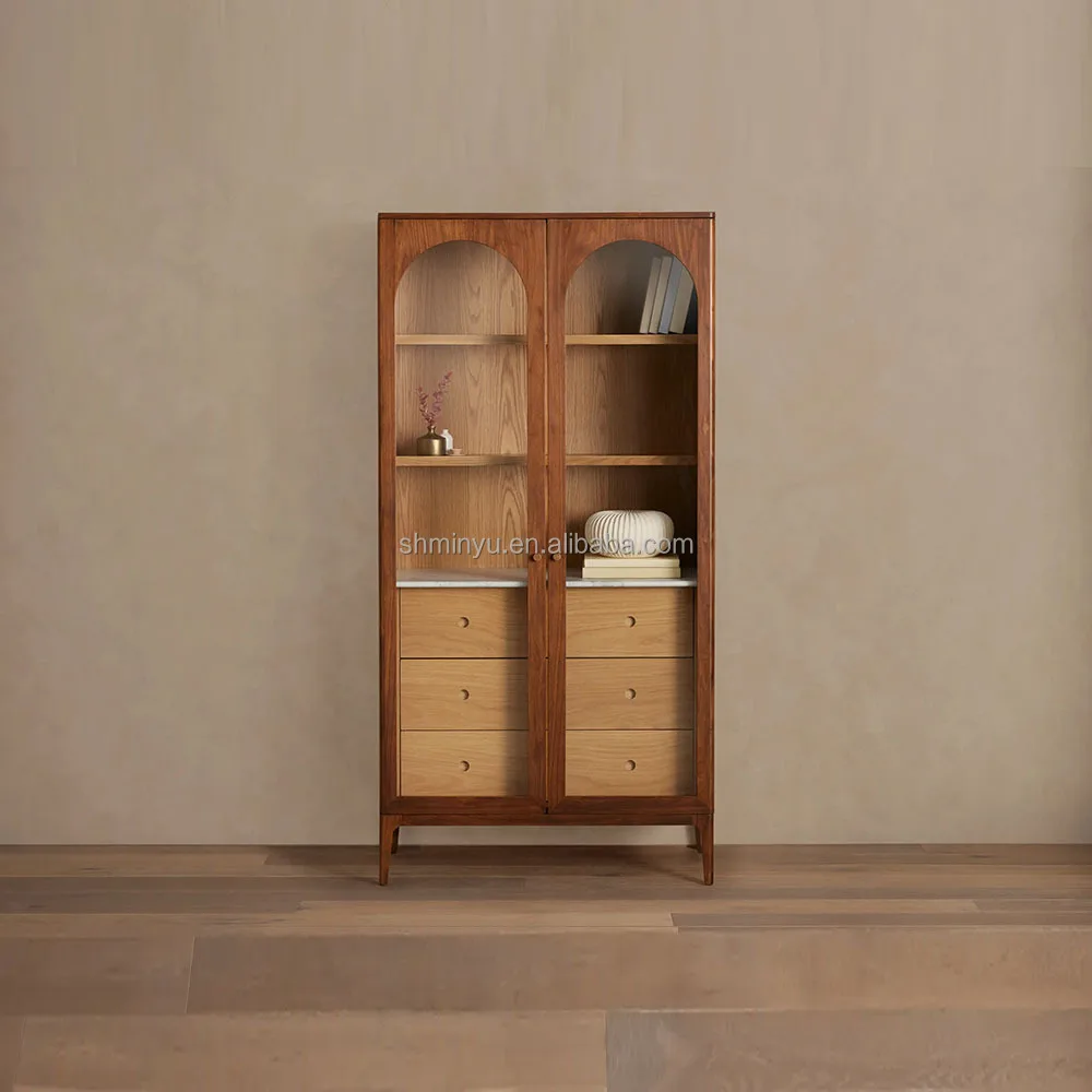 Contemporary Luxury 2-Door Glass Cabinet Solid Oak Wood Walnut Finish Modern Antique Design for Home Living Room Hotel/Villa Use