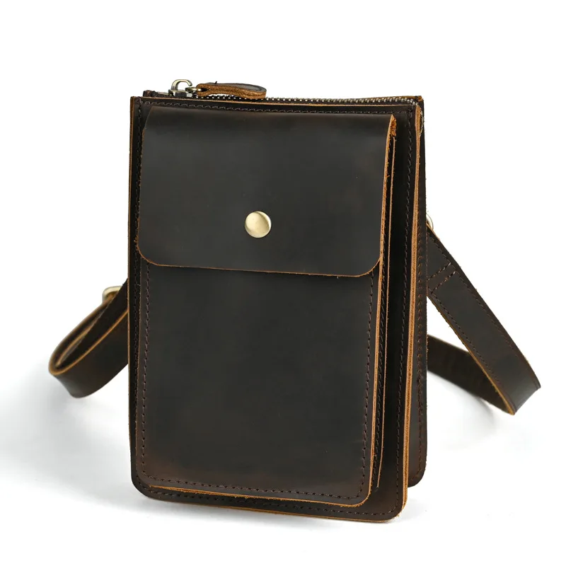 

Dark Brown Crazy Horse Leather Genuine Cowhide Crossbody Phone Pouch Men Multi Compartment Casual Daily Waist Bag