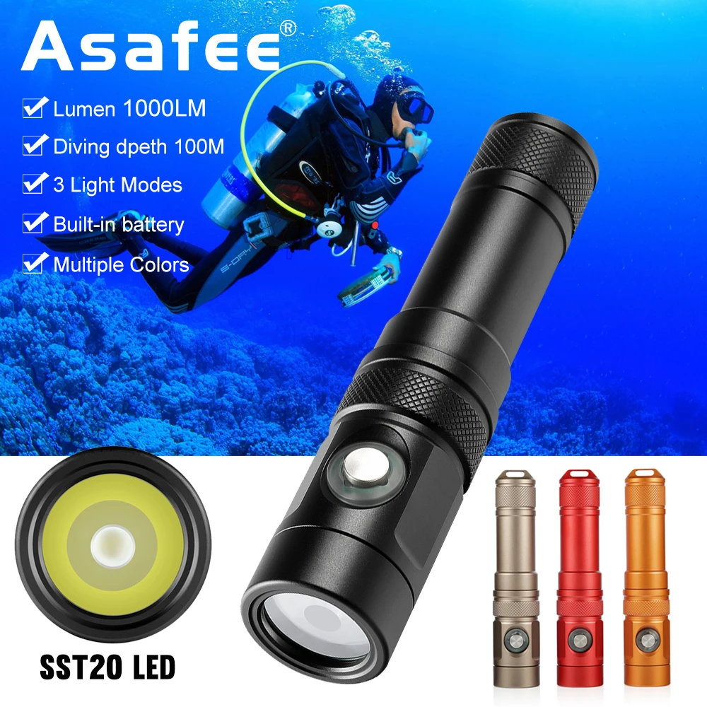 Asafee 100M Diving Flashlight SST20 LED 1000LM 100M Underwater IPX8 Waterproof Lamp Bulit-in Battery Rechargeable Torch