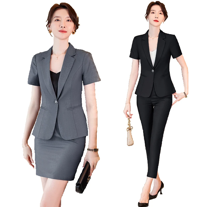 

Women Summer Formal Suits Short Sleeve Blazer and Skirt Office Set Korean Style Bodycon Mini Pencil Skirt Suits Black Grey Blue