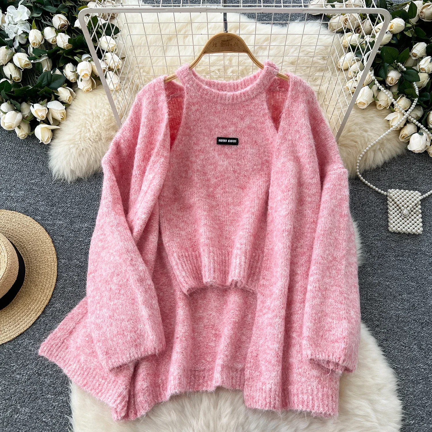 

Autumn Fashion Solid Cashmere Sweater Long Sleeves Loose Warm Cardigan+Sleeveless Knitting Tank Top Lady Gentle Casual Tops
