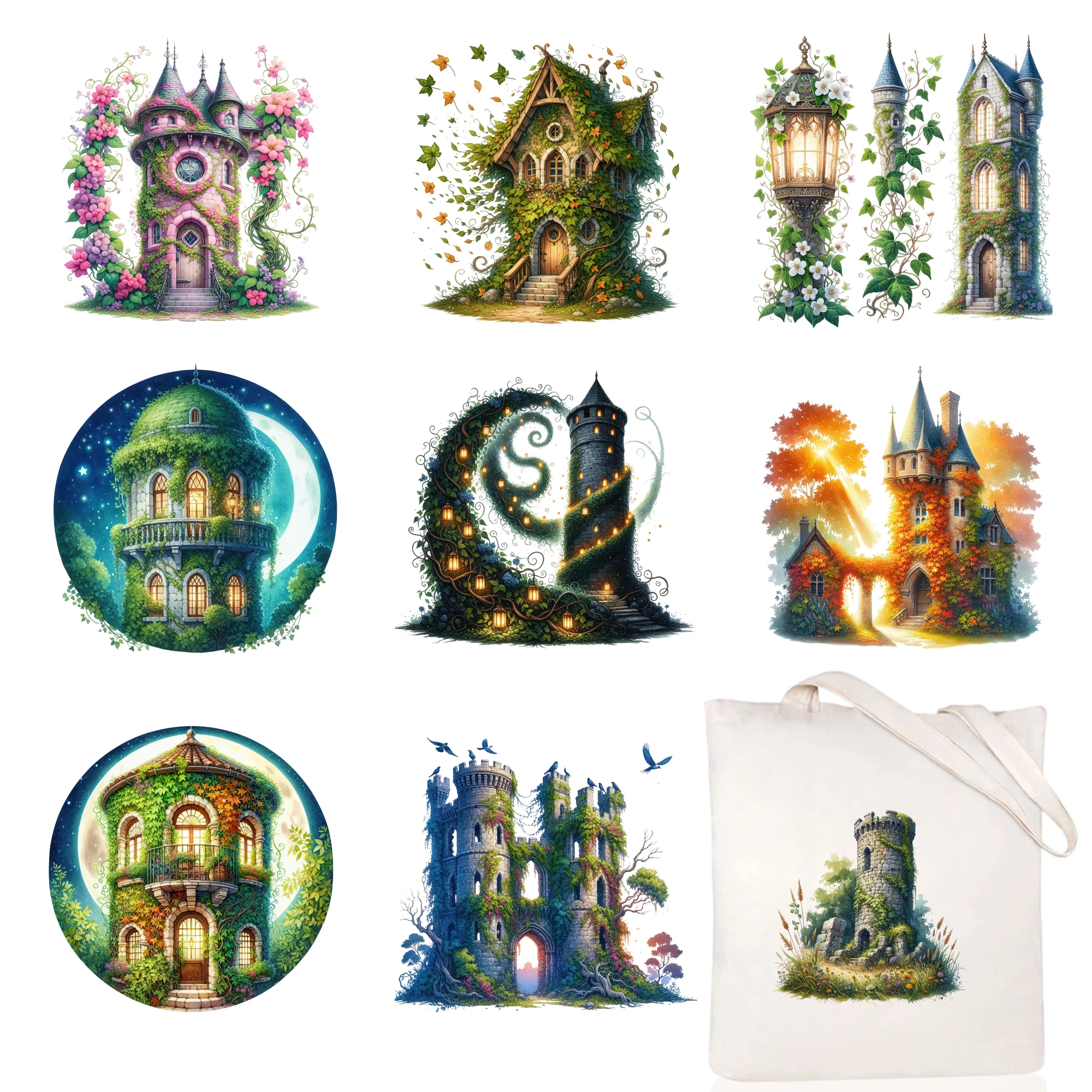 9 Pcs Fantasy Castle Garden Magic Hoodie DIY Crafts for clothing, T-shirts, jeans, backpacks, hats, pillows. casual style.