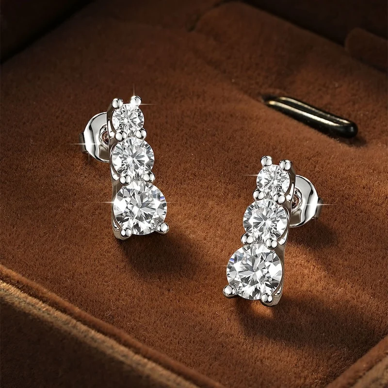 Rrjzz 3mm 4mm 5mm Drei-Stein-Ohrstecker mit Labor-Imitationsdiamanten, D-Farbe Moissanit-Ohrstecker für Damen, Hochzeitsschmuck, Geschenke – Detail 6