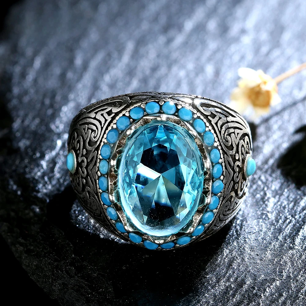 

925 Sterling Silver Ring for Men Women Blue Zircon Finger Ring Vintage Fine Jewelry Aquamarine Gemstone Jewelry Gift