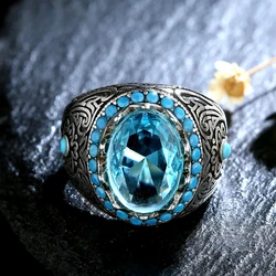 Silver Ring for Men Women Blue Zircon Finger Ring Vintage Fine Jewelry Aquamarine Gemstone Jewelry Gift
