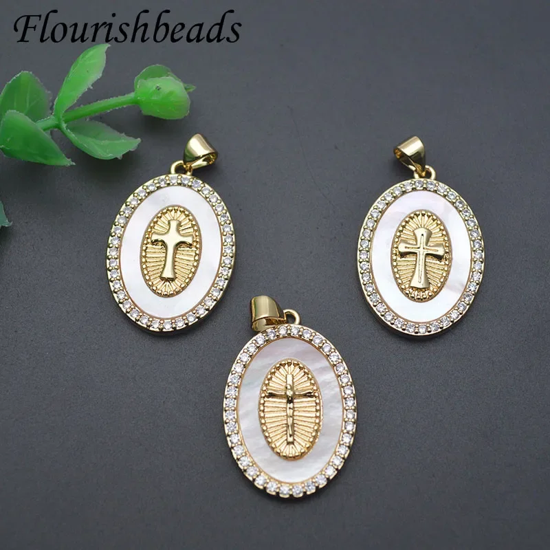 

3 Styles Simple Natural Mother of Pearl Paved CZ Oval Shape Cross Religious Pendants for Jewelry Making 10pcs/lot