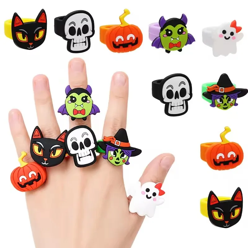 6pcs Halloween Cartoon Rings Cute Pumpkin Ghost Bat Toys Halloween Party Favors Trick or Treat Goodie Bag Stuffers Halloween