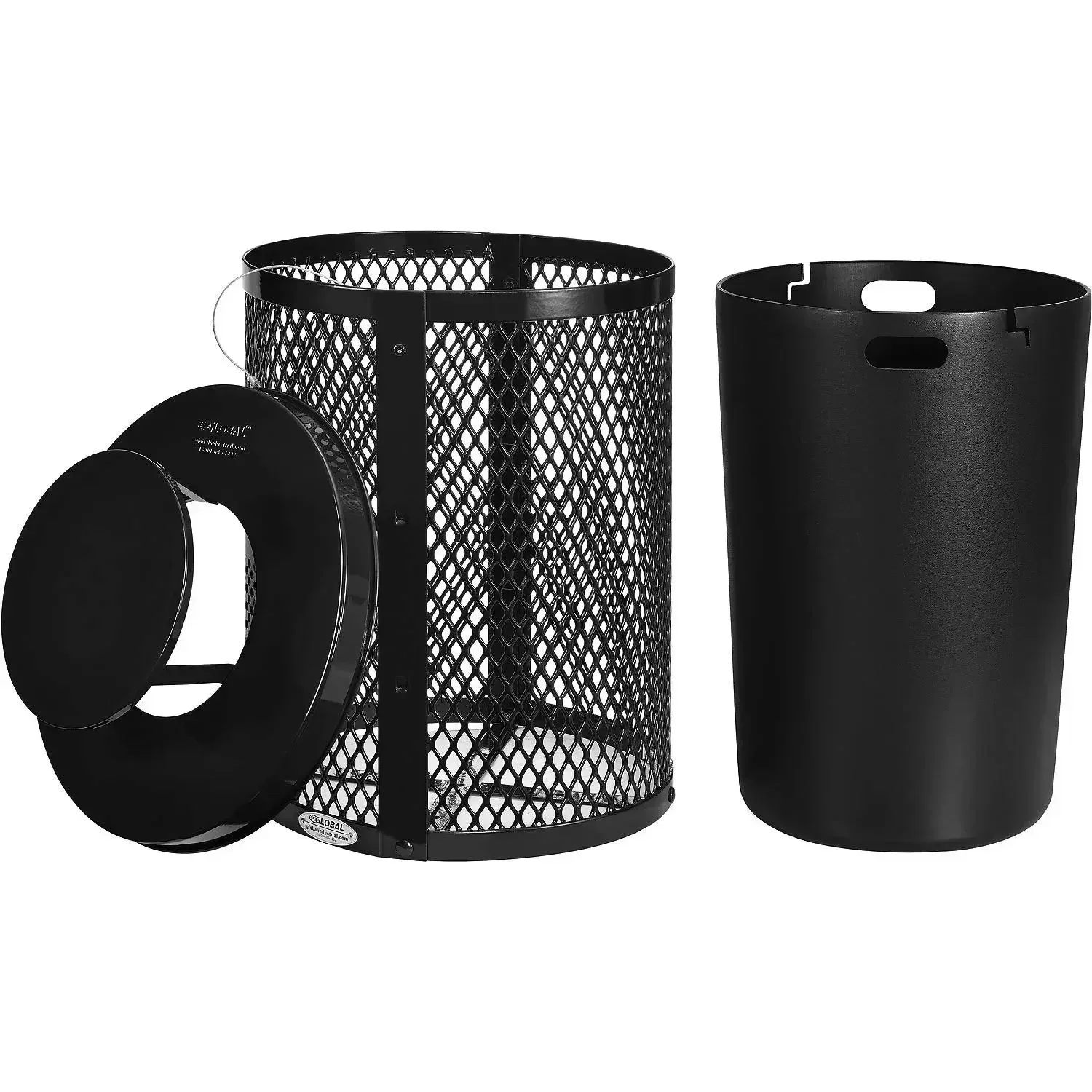 Outdoor Diamond Steel Trash Can with Rain Bonnet Lid and Plastic Liner, 36 Gallon Capacity, Black, Commercial Trash Can, 23-1/2
