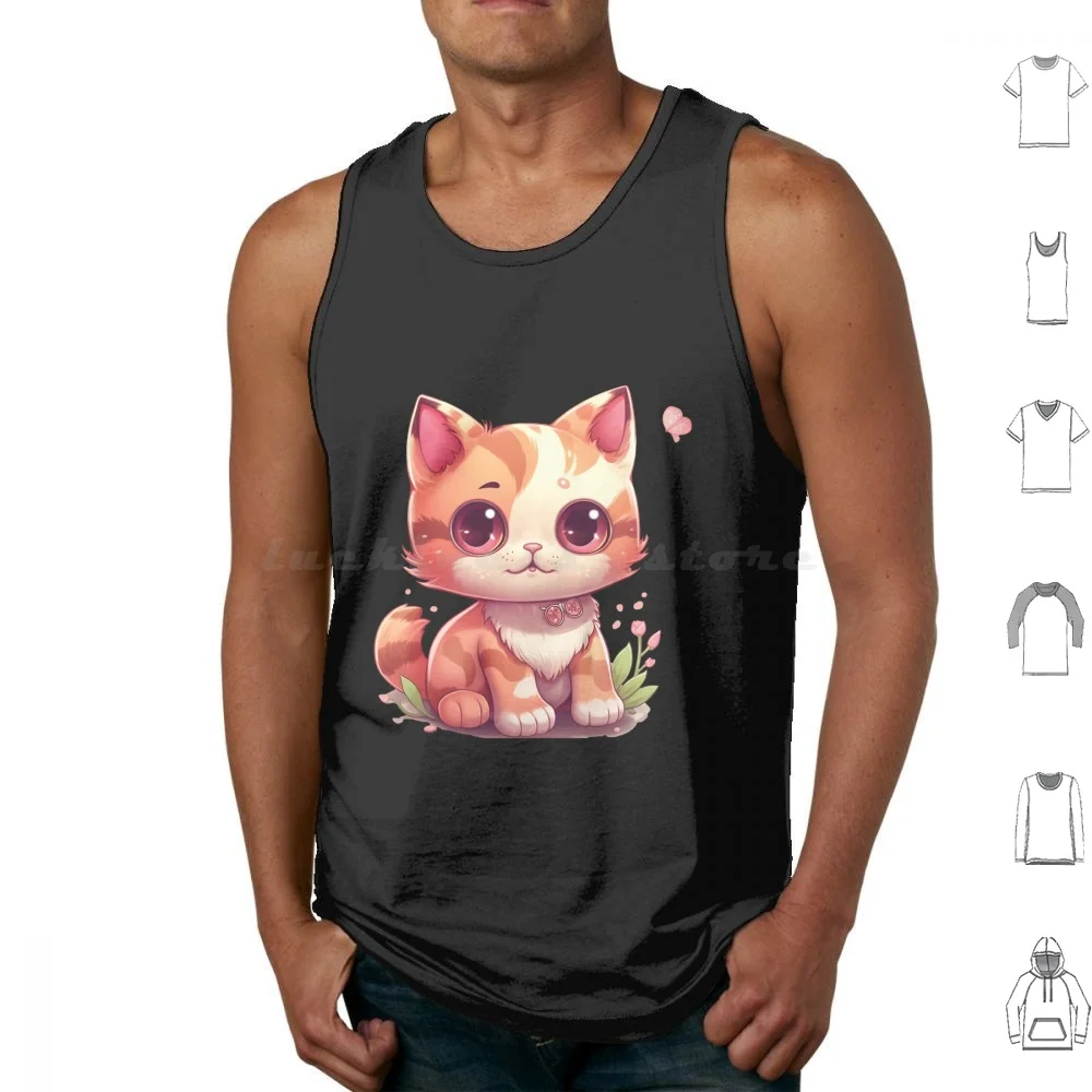 Kawaii!!! Charming Kitty Tank Tops Print Cotton Cute Cat Illustration Cartoony Cat Design Meowing Cat Art Playful Cat