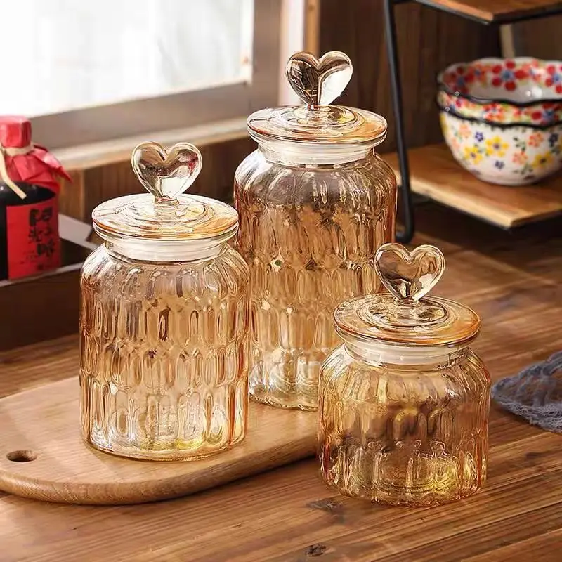 Love Amber Glass Sealed Storage Jar,Snacks Grains Tea Leaves,Large Caliber Storage Bottle with Lid,Locked Fresh Moisture-proof