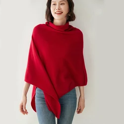 100%Pure Wool Knitted Cloak Pullover For Women Autumn Bat Sleeve Irregular Luxury Cashmere Poncho Turtleneck Pullover