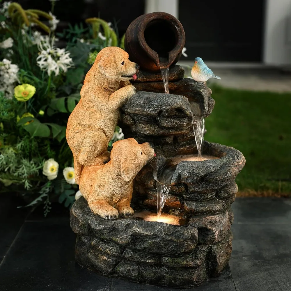 Puppy Rock Tower Farmhouse Resin Outdoor Fountain with Lights