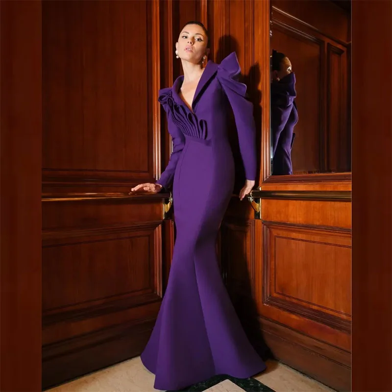 Elegant Purple Mermaid Prom Dress V-neck Long Sleeve Ruched Evening Dress Customize Occasion Gown Long Dresses