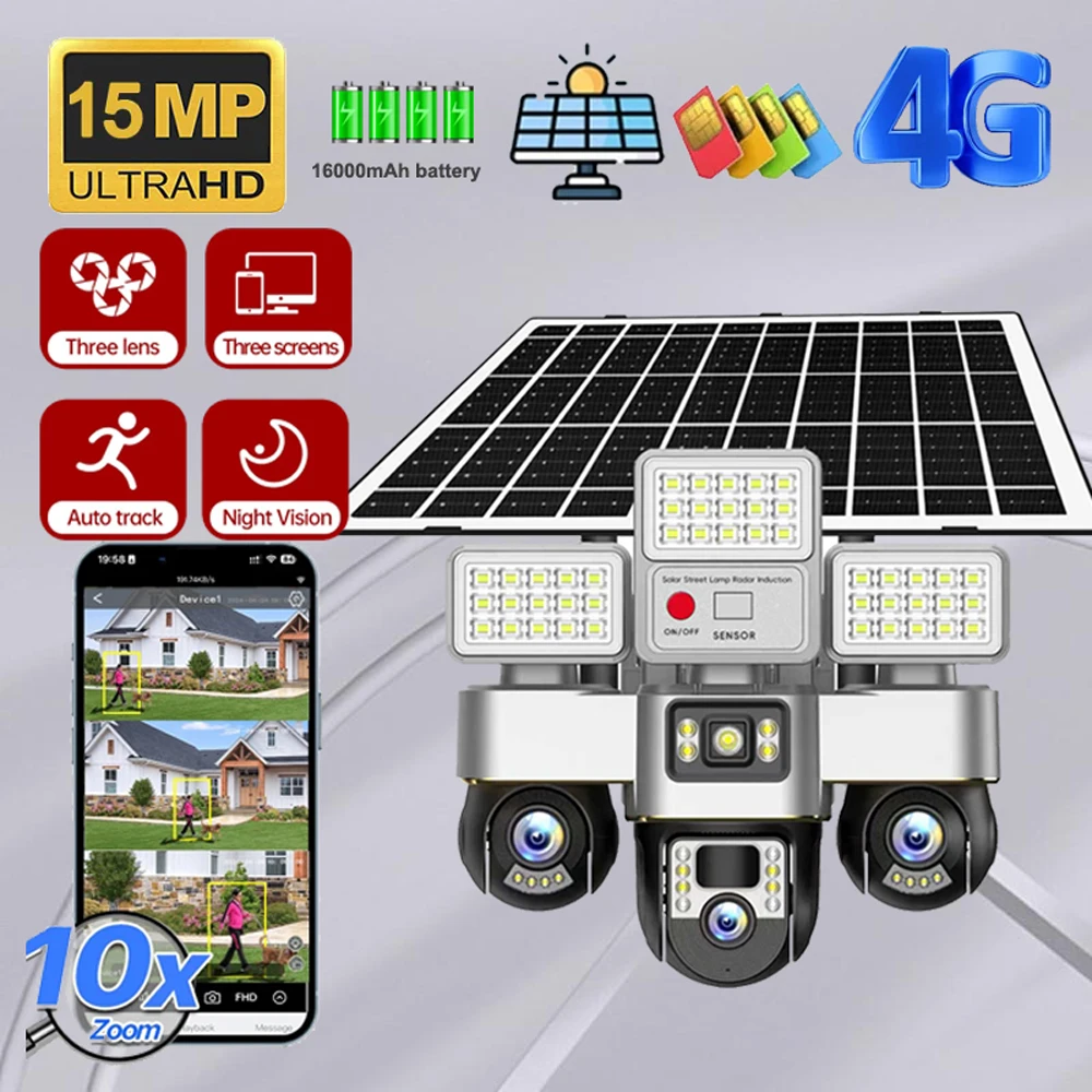 

15MP triple lens solar street light 4G PTZ camera outdoor PIR human detection IP66 waterproof security IP camera with battery
