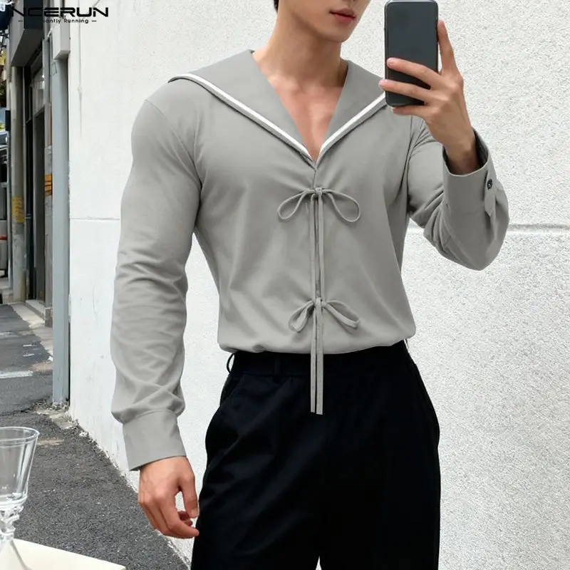 INCERUN Men T Shirt Patchwork Navy Collar Long Sleeve Lace Up Men Clothing Streetwear Spring 2026 Fashion Casual Male Tee Tops