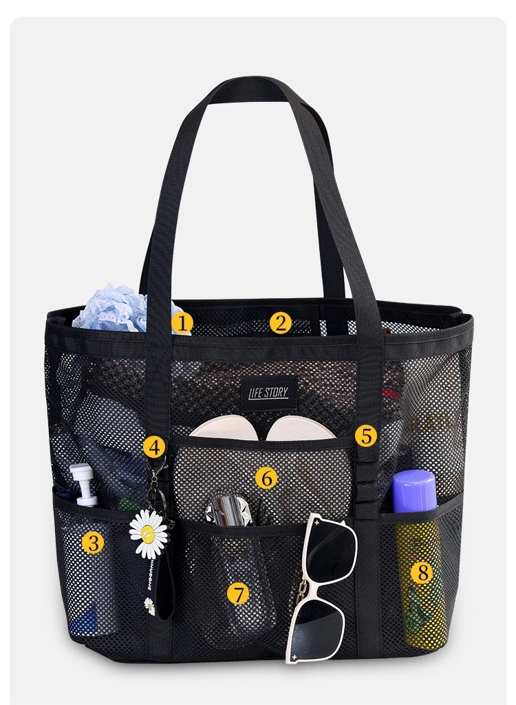 Atmungsaktive Mesh-Strandtasche mit mehreren Aufbewahrungstaschen, übergroße, schnell trocknende, wasserdichte Schultertasche für Sommersport im Freien – Detail 6