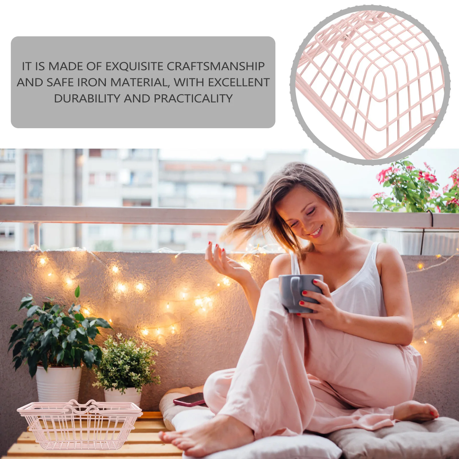 

1Pcs Pink Iron Art Basket Practical Storage Container Sundries Organizer Portable Desktop Basket Home Snack Holder