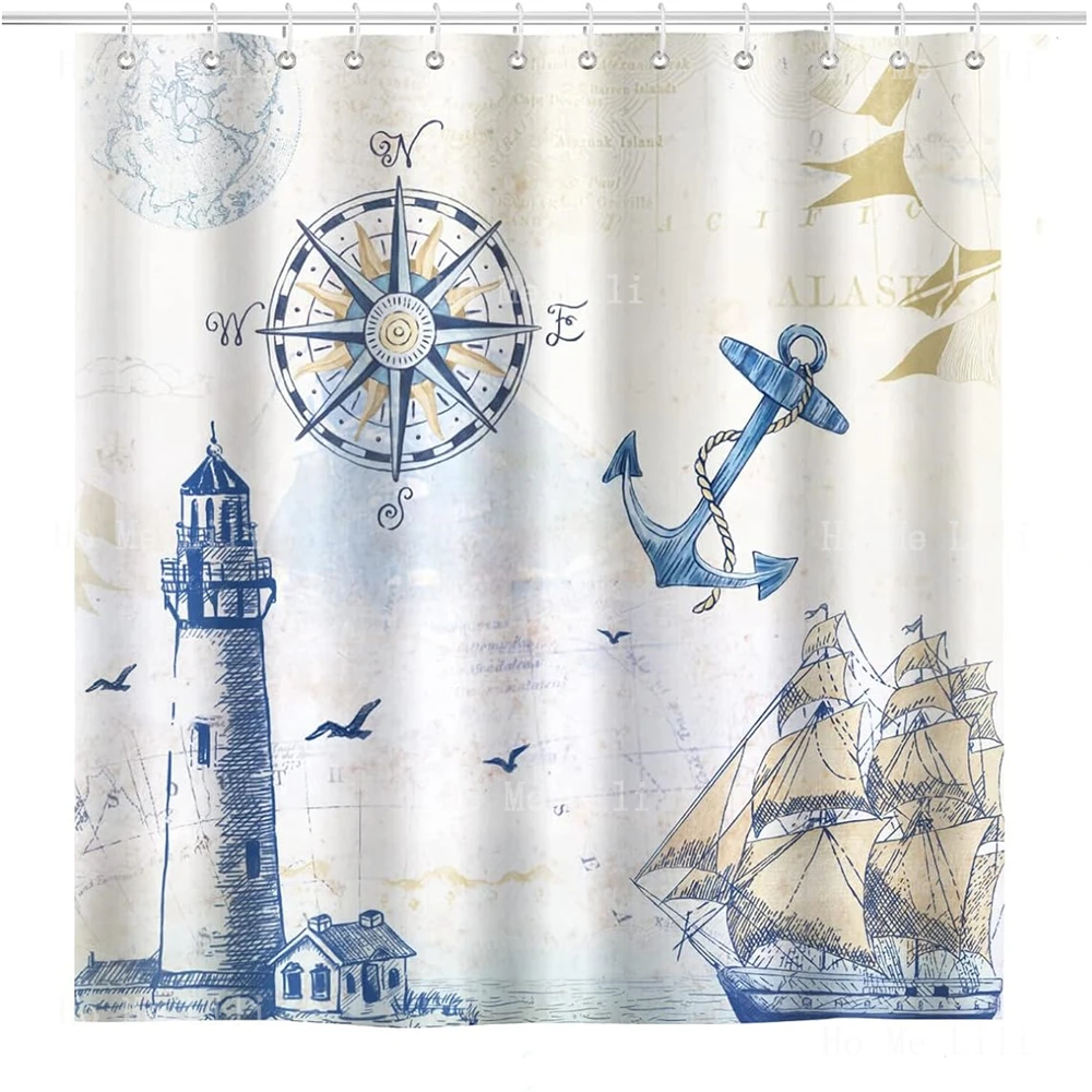 Lighthouse Compass Anchor Nautical Sailboat Shower Curtain For Bathroom Decorative