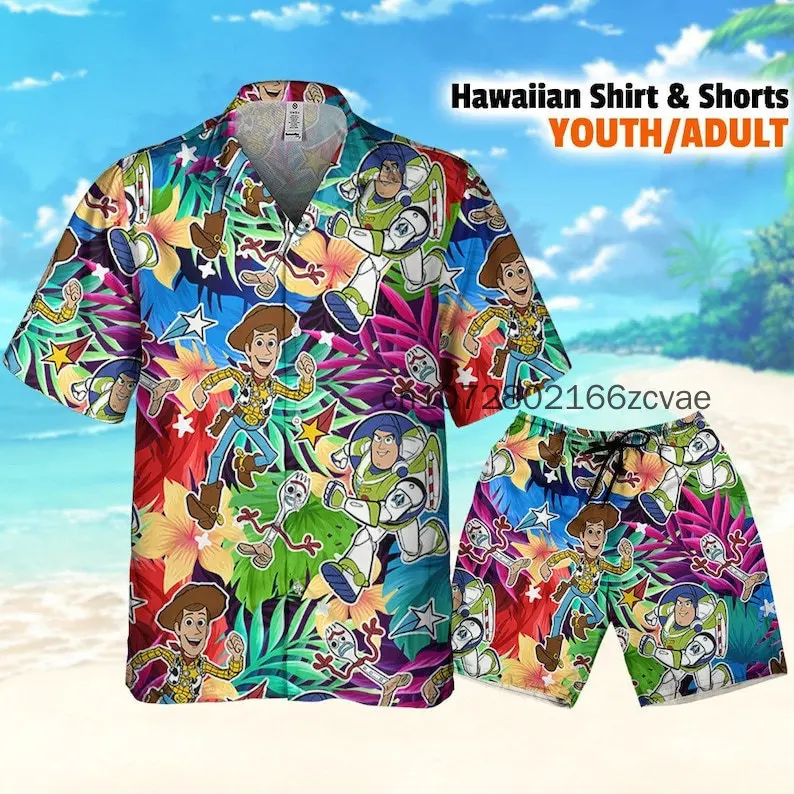 New Toy Story Buzz Lightyear  Hawaii Set Disney Hawaii Short Sleeve Shirt and Beach Shorts Men's and Women's Set