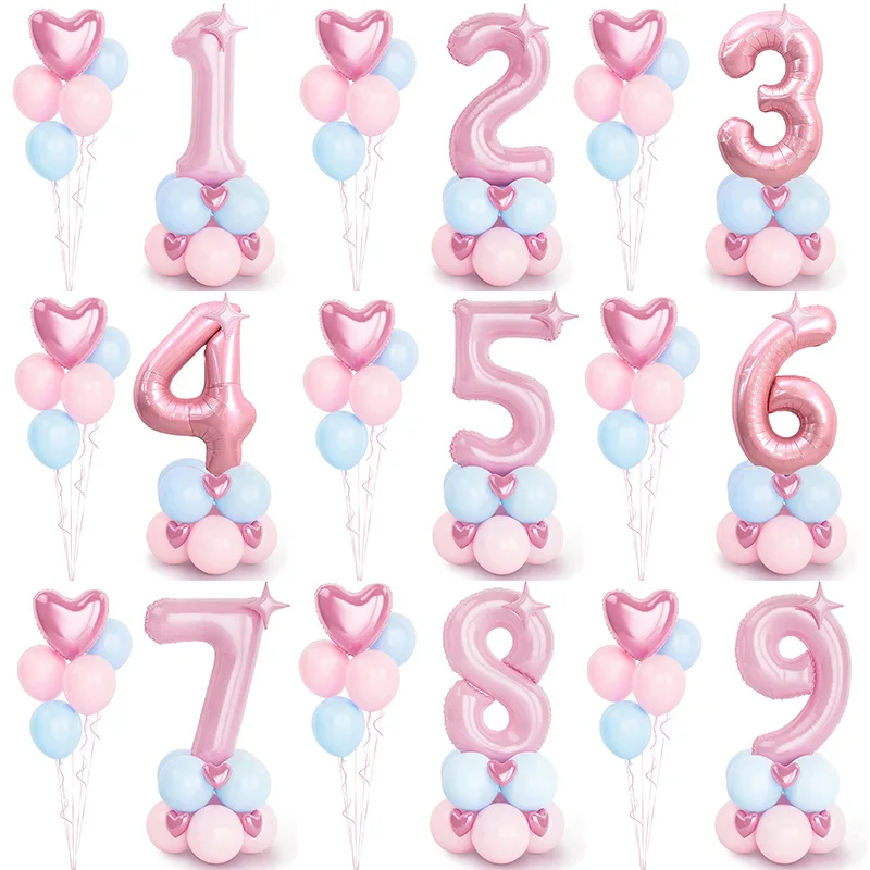 22pcs 40inch Pink Number Foil Balloons Birthday Party Decor Kids Girl 1 2 3 4 5 6 7 8 9 Year Old Globos Baby Shower Supplies