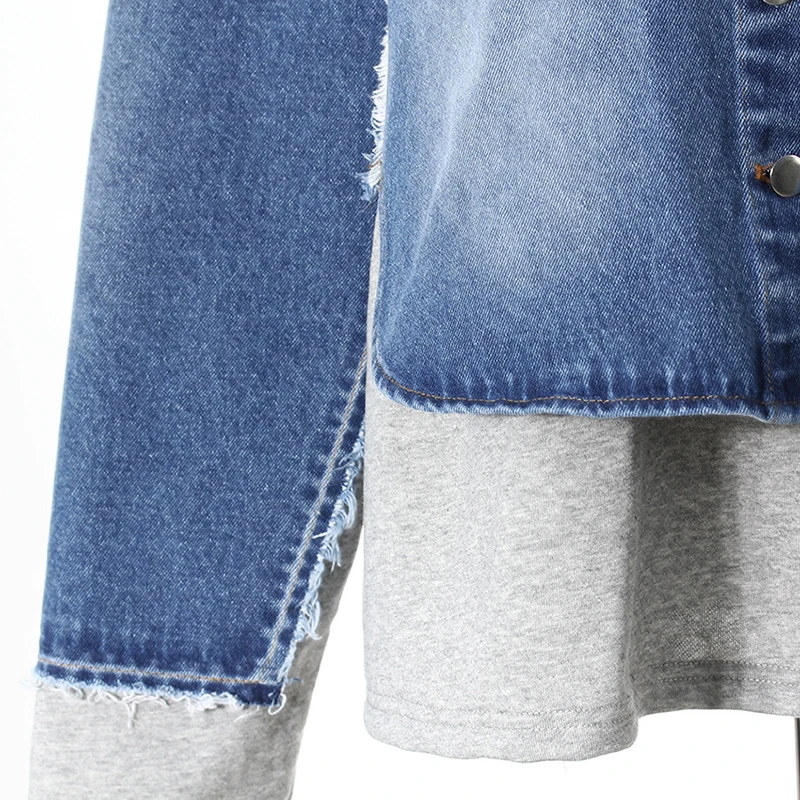 ZOCI موضة الدنيم المرقعة وهمية 2 قطعة البلوفرات المرأة الجولة الرقبة فضفاضة رمادي طويل الأكمام البلوز المد الجديد