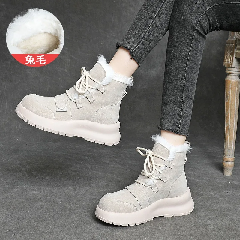 Cowhide Extra Thick Integrated Snow Boots Women's Winter Velvet Thickened Lightweight Rabbit Thick-soled Warm Cotton Shoes