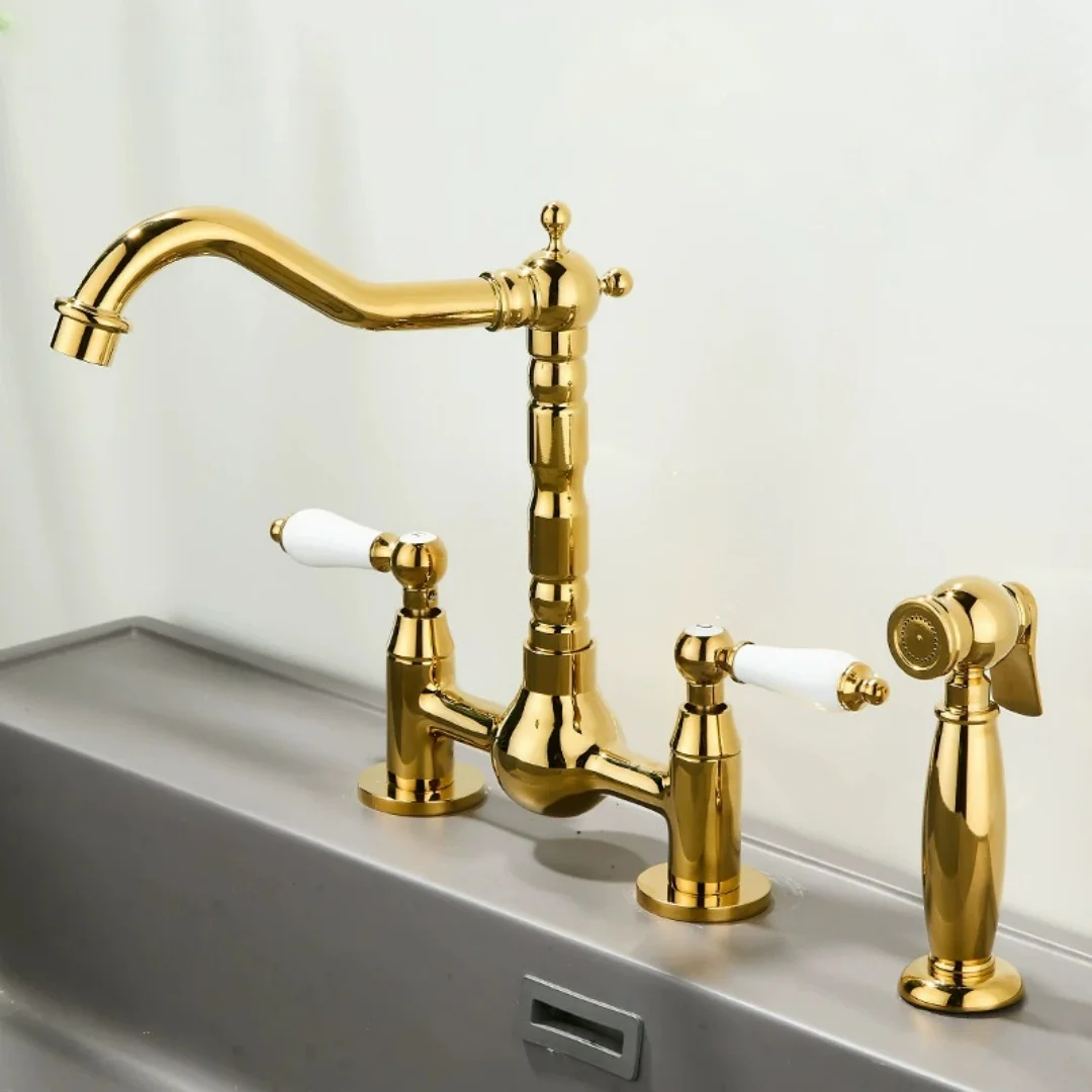 Gold Kitchen Faucet with Hand Shower Head Chrome Pot Filler Faucet Tap Brass Hot and Cold Deck Mounted Sink Faucet Tap Spout