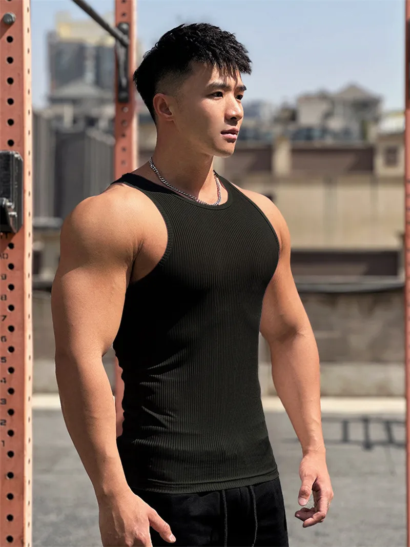 Men's Elasticity stripe Round Neck Oversized Sleeveless T-Shirt Gym Sports Fitness Running Training Bodybuilding Tank Top