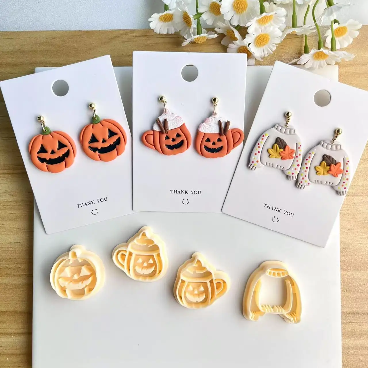 Autumn Halloween clay cutting mold set - exquisite pumpkin, skull, coffee cup and sweater patterns, with leaf design.