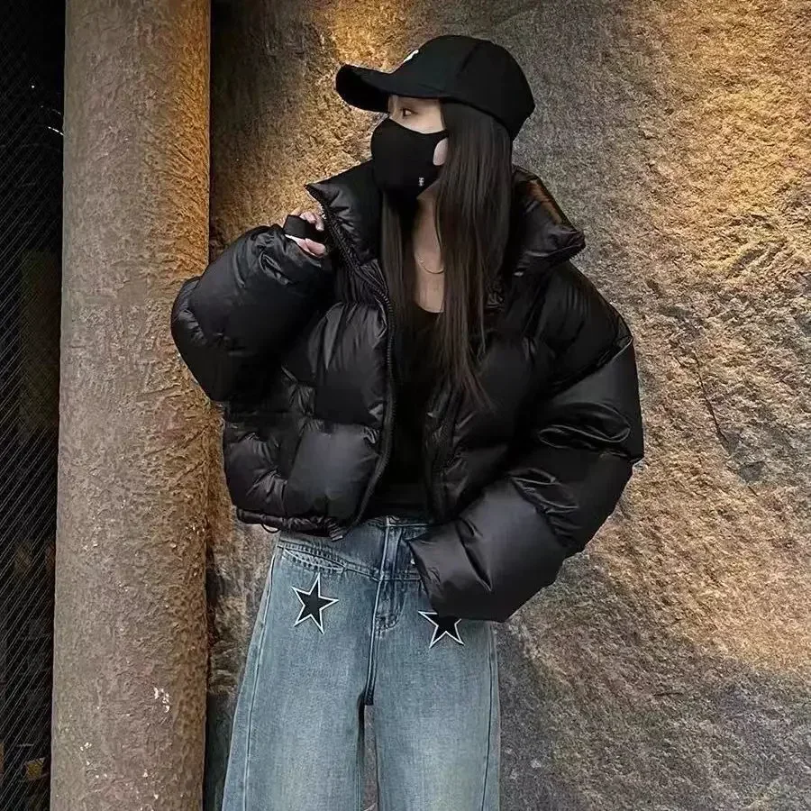 Schwarz Parkas Crop Puffy Mäntel Frauen Bomber Mode Koreanische Winter Dicke Warme Einfache Shorts Mäntel Streetwear Alle Spiel Chic Jacke