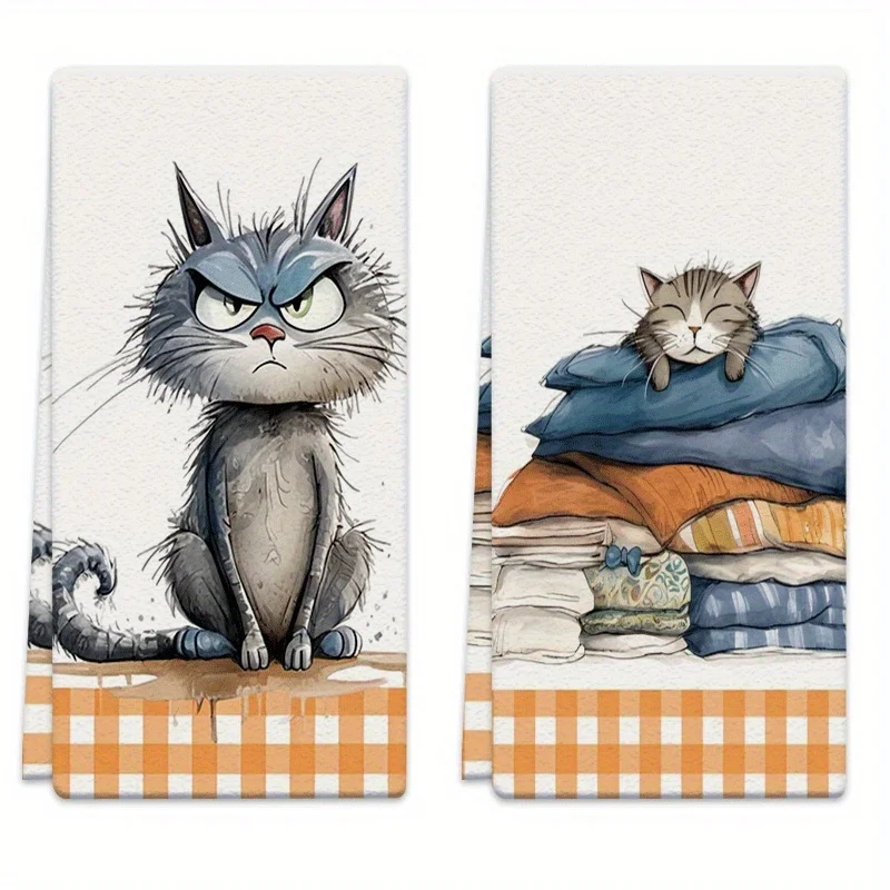 2Pcs, Contrast Cat Kitchen Towels, 40Cm*60Cm Towel Set, Super Absorbent Soft Cleaning Cloth, Cooking and Baking Tea Towel, Hand Towel, Cleaning Cloth, Dishcloth, Kitchen Decoration, Living Room Decoration, Kitchen Essentials, Home Essentials