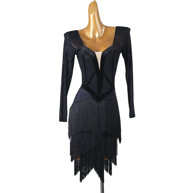 Nowa sukienka do tańca latynoamerykańskiego z frędzlami dla kobiet, na występy, salsę, rumby, imprezy, z długim rękawem, strój sceniczny do tańca towarzyskiego, 2025
