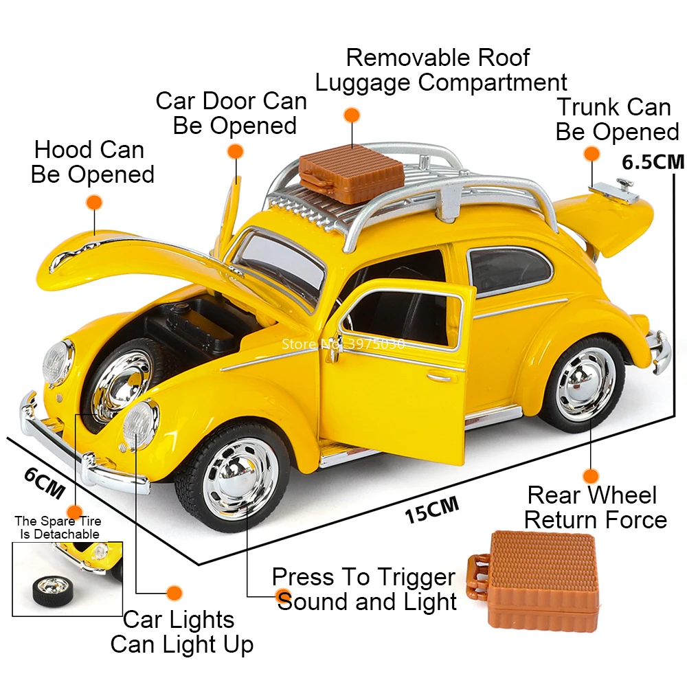 1:32 Volkswagen Beetle Modelle Miniatur Autos Spielzeug Leichtmetallrad Zurückziehen Fahrzeuge Gummireifen Spielzeugauto für Kinder Sammlung Spaß